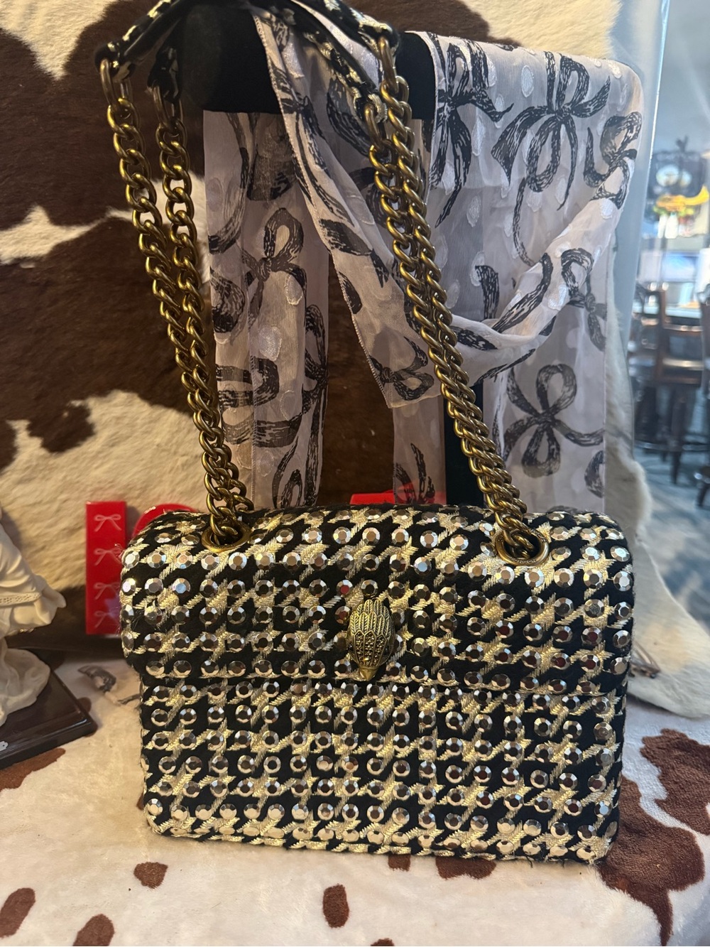 Kurt Geiger Black and Gold Sequin Chain Shoulder Bag